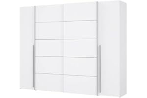 ‎FORTE Forte Narago Schrank 270, weißer Kleiderschrank, Schwebetürenschrank mit Drehtüren, Weiß Matt, 270,3 cm breit x 210,5 cm hoch x 61,2 cm tief