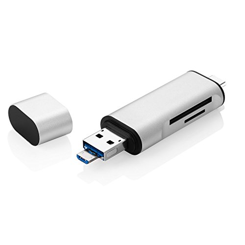 Jelly Comb Lector de Tarjetas SD / Micro SD con Adaptador 3-en-1 USB-A / Micro USB / USB-C, Plata width=