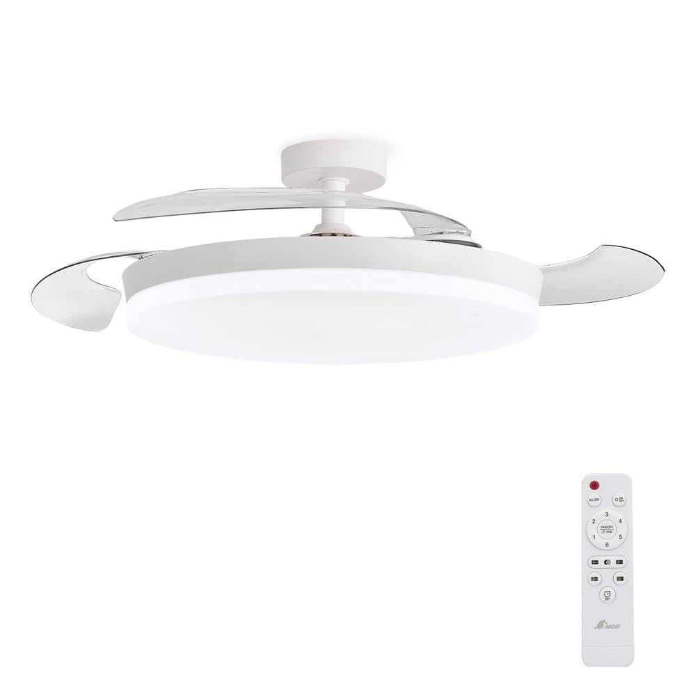 3NOD CONCEPT OVA Ventilador de Techo con Luz, Blanco | Aspas retráctiles, Luz LED regulable, Motor DC, 6 velocidades, Mando a distancia, Temporizador 2H, Modo verano/invierno