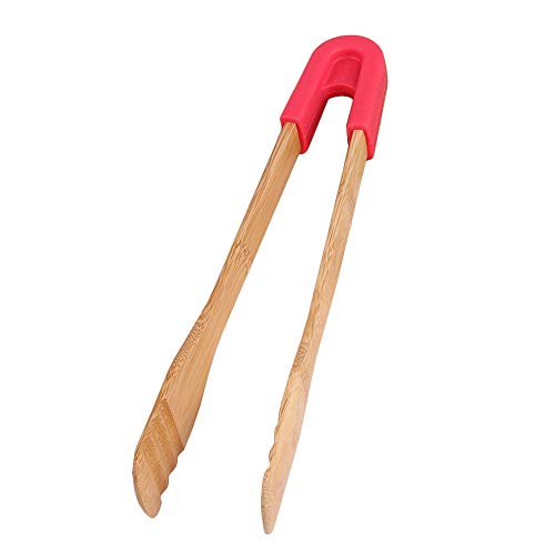 VEVICE Bamboo Tongs, 1PCS Wooden Toaster Tongs Kitchen Grill Handle Food Serving Utensil Clip with Removable Silicone Cover for BBQ Salad Bacon Steak Bread Red (red-B)