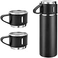 Bitleaf Vacuum Flask Gift Set Bottle with 3 Cups Flask 500 ml Flask (Pack of 1, Black, Steel) (Black)