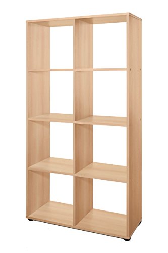 Dreams4Home Regal 'Noah' weiß buche Sonoma Eiche Sägerau 70 x 142,5 x 29 cm Raumteiler 8 Fächer Holz Bücherregal, Farbe:Buche