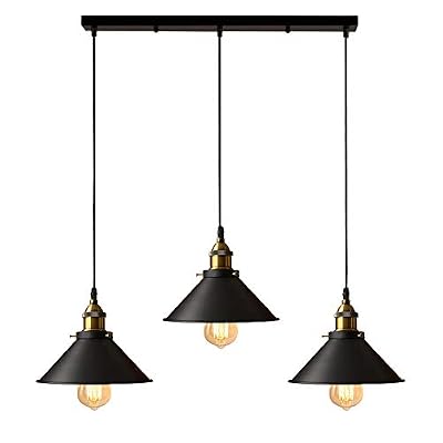 iDEGU 3 Lampes Suspension Luminaire Industrielle Lustre Plafonniers Design Edison Métal Lustre Suspension avec Support en Barre, Ø 22cm, Noir