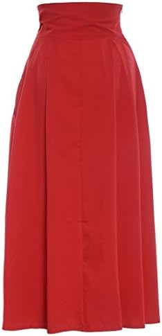 Women Casual High Waist A line Pleated Red Skirts with Pockets