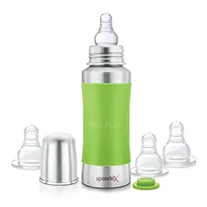 Speedex Stainless Steel Baby Feeding Bottle with Internal ML Marking, Silicon Grip (240 ml) (3 Extra Nipple Free)