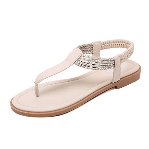 ZOEREA Sandalias Planas para Mujer Verano Bohemia Moda Comodidad Elegante Correa Tobillo Elástica Chanclas Punta Abierta Damas Zapatos Casuales Beige, Etiqueta 41