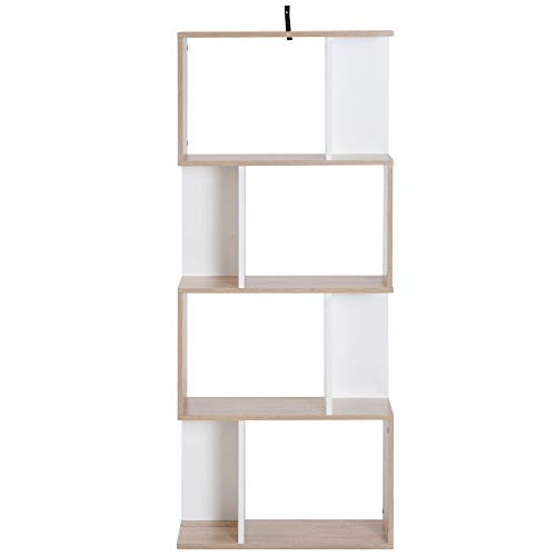 Homcom Bibliothèque étagère Meuble de Rangement Design Contemporain en S 4 étagères 60L x 24l x 148H cm Coloris chêne Blanc