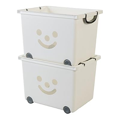 Iris Ohyama, set - 2 grandes boîtes de rangement pour jouet sur roulette - Smiley Kids Boxes - KCB-43, blanc, 34 L, 43,5 x 32,5 x 31,5 cm