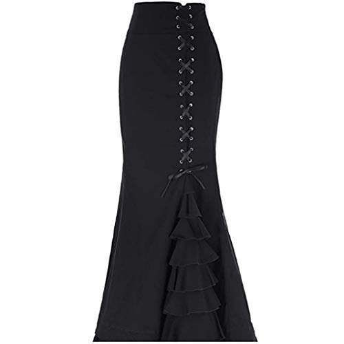 Conquro-falda de Cola de pez con Volantes Cintura Correas Falda Larga De Las Mujeres Vintage A-Line Falda Acampanada Cintura Alta Falda Larga Falda Midi Otoño Invierno (Negro # B, XXL)