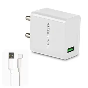 ZEBRONICS Zeb-MA5311Q 18W Rapid Charge USB Charger Adapter with 1 Metre Type C Cable, 5V 3.1A Output, for Mobile Phone/Tablets (White)