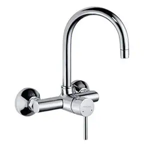 Aquieen Wall Mounted Single Lever Sink Mixer with provision for hot & cold water with 360 degree hi-neck spout, connecting legs & wall flanges (Flora - Chrome)