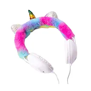 KRH Store Unicorn Fur Headphones for Girls - Wired Headphones for Kids on Ear, Toddler Headphones for 3.5mm Jack(with Mic), Pink