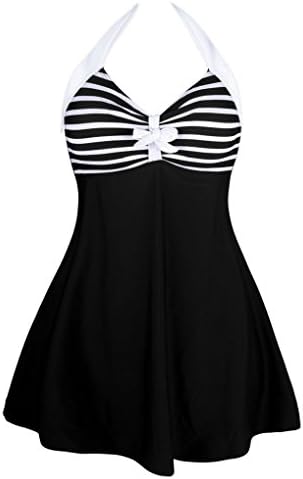 Aozen Retro One-piece Ruffle Swimdress Halterneck Padded Swimsuit With Bowknot Front 41923-BBW-XL