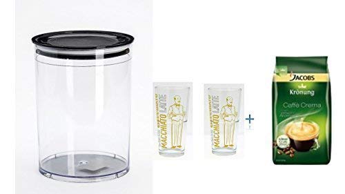 Dose für 1kg Kaffeebohnen, Tee, Kakao, 2 Latte Gläser cc 350 Grosse Glas Coffee & More stabelbar +Jacobs Krönung Crema ganze Bohnen Inhalt: 1 kg