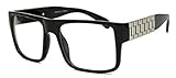 Herren Flat Top Retro Fashion Brille rechteckig Streberbrille Nerdbrille Gold Chain LXN (Schwarz / Silber)