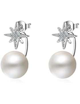 Wunhope Ohrringe Damen Mädchen 925er Sterling Silber Mode Sterne mit Edel Perle Einfache Hypoallergen Front-Back-Ohrringe...