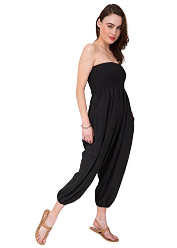 likemaryJumpsuit for Women UK – Convertible Capri Romper Pulls Down into Harem Pants – Cotton Elasticated Waist Ladies Summer Trousers with Pockets - Black L
