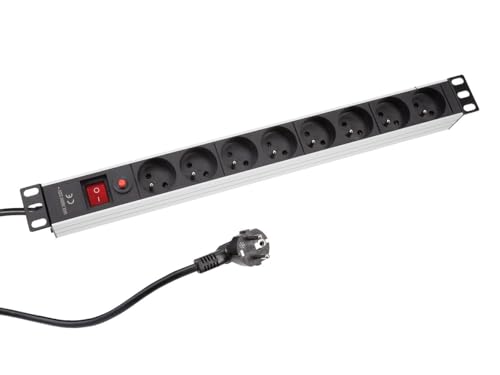 Perel Multipresa PDU con 8 prese tipo E con messa a terra, interruttore e protezione da sovratensioni, cavo 2,15 m, 3680 W, distributore per rack 19 pollici, server e ufficio