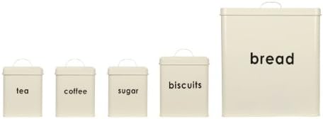 Style Worx 5 Piece Bread Bin Canister Set includes Biscuit/ Tea/ Coffee/ Sugar Canisters, Cream