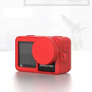 Action Pro Silicone Rubber Case + Lens Protective Cap Cover Compatible with DJI OSMO Action Sports Camera (Red)