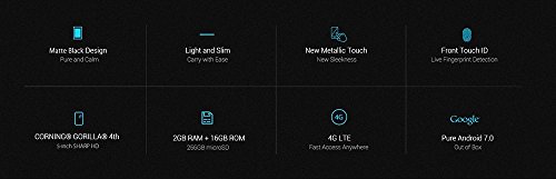 UMIDIGI G - Android 7.0 Schermo da 5 pollici GORILLA GLASS Ultra leggero e sottile 4G smartphone Quad Core 1.3GHz 2GB RAM 16GB Impronta digitale - Nero scuro