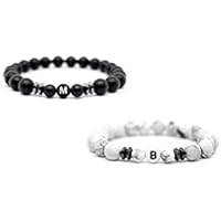 Mister Boncuk Couple Forever Personalisiertes Couple Armbänder aus schwarzen Onyx- & Howlith Natursteinen mit Hämatit zwischen Perlen. Armbänder für Paare - Partner - Pärchen - Namensarmband - Namensarmbänder - Ideal als Valentinstag Geschenk.