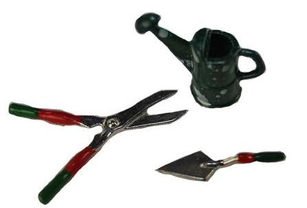 Preisvergleich Produktbild 3 tlg. Set Gießkanne Schere Heckenschere Schaufel Spaten Gartenset Gärtner - Miniatur für Puppenstube / Puppenhaus - Maßstab 1:12