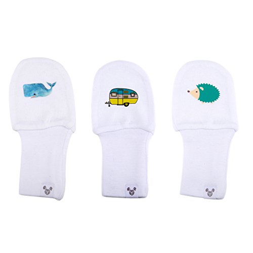 Whale, Hedgehog and Happy Camper - No Scratch Cotton Baby Mittens Set of 3 (0-6m)
