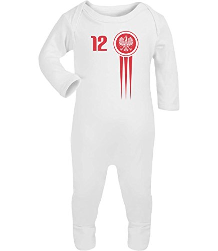 Polen Polska Nationalmannschft Baby Trikot Fanshirt Nr 12 Baby Strampler Strampelanzug 6-12 Monate (67/76) Weiß