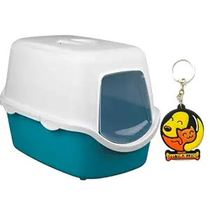 Foodie Puppies Cat Litter Tray with Dome | Litter Tray with Hood, Door Flap and Handle | Made with Lightweight and Durable Material | Double Rim Keeps The Surrounding Area Clean & Tidy - Turquoise/White with Free Key Ring