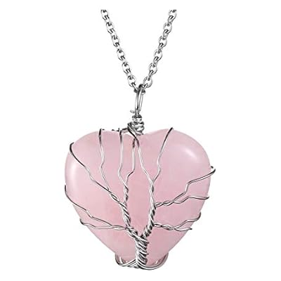Jovivi Vintage Wire Wrapped Tree Of Life Necklace Natural Rose Quartz Heart Crystal Gemstone Pendant Reiki Healing Chakra Jewellery For Women,mother's Day Gift