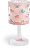 Rosafarbige Tischlampe mit bunten vögelchen und Herzchen