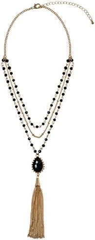Adorning Ava Gold Layered Multi-Row Black Beaded Pendant Tassel Necklace