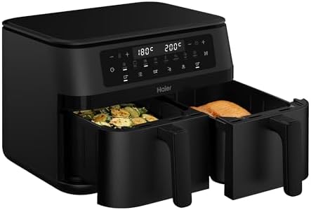 Haier I-Master Series 3 Friggitrice ad Aria Doppio Cassetto 11 Litri, 3000W, 8 Programmi Automatici, Funzione Sync, Controllo Touch, Temperatura 60-200°C, App hOn, Nero HAF3AD 011