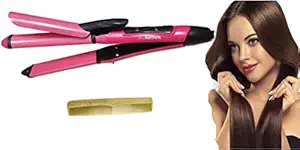 NEW NOVA Womens Hair Curler and Straightener Ceramic Plate Nhc-2009, Hair Straightener for Women with Free Wooden Print Comb (Pink)