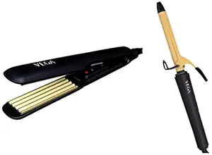 VEGA Classic Hair Crimper With Quick Heat Up & Ceramic Coated Plates, (VHCR-01), Black & VEGA Ease Curl 19 mm Barrel Hair Curler With Ceramic Coated Plates, (VHCH-01), Beige - Hair Care Combo