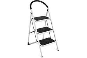 GIANTEX Escalera Plegable de 3 Raíles, con Capacidad para 150 kg, Plegable, con Barras de Seguridad, Antideslizante, 111 x 47 x 65 cm, Blanca