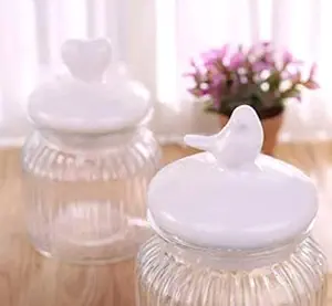 FRONTED Round Glass jar of 600ml with Ceramic Bird Shaped White Color lid (Pack of 1)