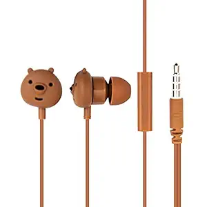 MINISO We Bare Bears in-Ear Wired Headphones with Microphone, Comfortable Earbuds Cute Earphones for Mobile Smartphones Apple Xiaomi Realme Oppo Samsung and More - Brown