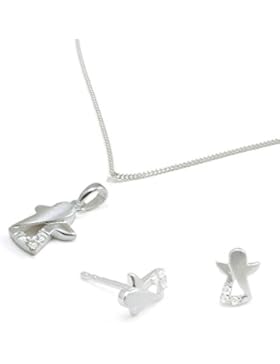 Taufset Kinderkette mit Engel-Anhänger & 3 Zirkoniasteinen, Ohrstecker inkl. Panzerkette 36 cm, Taufgeschenk