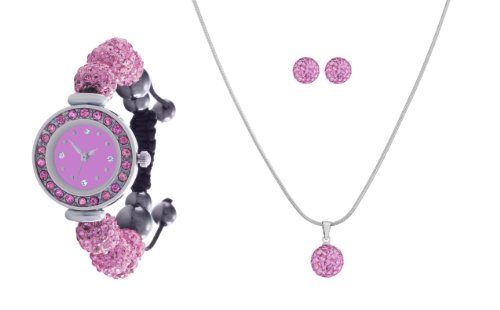 Ma'dor Shamballa Damen-Schmuckset Halskette mit Anhnger Ohrringe Ohrstecker Armbanduhr Zirkonia in Rosa - SHASET001