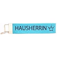 Türkiser Schlüsselanhänger bestickt mit HAUSHERRIN aus Wollfilz Schlüsselband