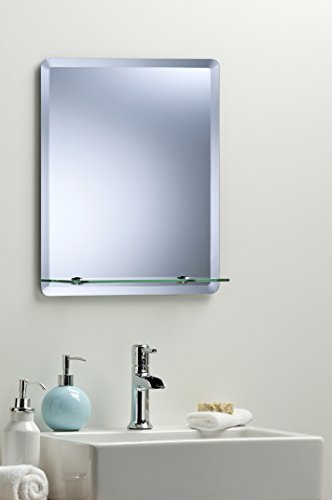 Badspiegel Wandspiegel Modern rechteckig mit Ablage schräg und 3 Größen – 70 cm x 50 cm, 60 cm x 45 cm oder 50 cm x 40 cm em1002, metall, silber, 50 cm x 40 cm