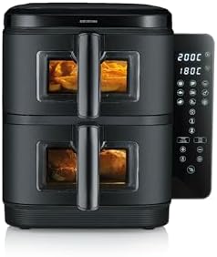 SEVERIN Friggitrice ad Aria Calda Duo Stack, 2800 W, Capacità 11 L (2x 5,5 L), Salvaspazio Verticale, 9 Programmi Automatici, Sync Cook e Finish, S-Fry, Nero - FR 9598