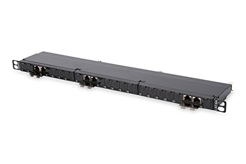 DIGITUS Cat.6A Klasse EA Patch Panel, geschirmt, 24-Port RJ45, inkl. Staubschutzklappen, LSA(+), 8P8C, 0.5HE, 483 mm (19") Rack Mount, Farbe Schwarz RAL 9005