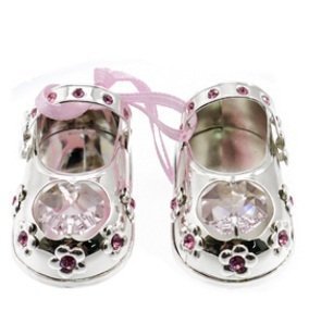 Silver Swarovski Crystal Baby Girl Pink Shoes Ornament - Christening Gift by Crystal Temptations
