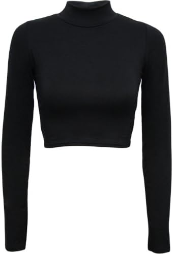 Swagg FashionsNew Ladies Polo Turtle Neck Crop Long Sleeve Plain Stretch Top 8-14 UK (S/M, Black)