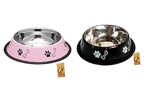 Foodie Puppies Stainless Steel Combo Offer Paw Bone Printed Baby Pink and Night Black Food Water Feeding Bowl for Dogs & Puppies (Medium, 700ml Each)