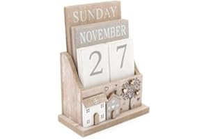 JJA Wooden House and Tree Calendar Wooden Flip Desk Blocks Calendar Sweet House Scene and Tree Decal 16 x 12 x 6cm Week Month Date Display Home Office Decoration