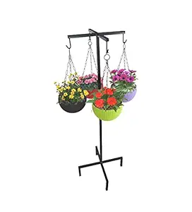 Falak Clover Hanging Basket Stand Planter with 4 Flower Pots ,Plants Not Included (Black)- 35 INCH